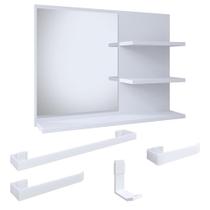 Conjunto Espelheira Aérea Prateleiras Organizadoras Espelho Astra e Kit Banheiro 4 Peças Aço Inox Resistente - Branco- RPM