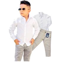 Conjunto Esport Fino Lindo Masculino Infantil Camisa Social Branca + Calça Bege