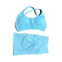 Conjunto Esportivo Feminino Assimétrico Com Top Halter Sem Costura E Shorts Com Efeito De