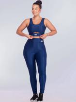 Conjunto Esportivo Feminino Tecido Leve Canelado e Brilho Grosso Não Marca Modela Cintura Top Reforçado Com Decote Calça Cós Alto