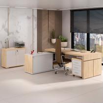 Conjunto Estação Connect, Balcão 2 Portas e Gaveteiro Cor Carvalho com Branco