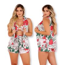 Conjunto Estampado 3 peças Cropped + Shorts + Kimono 0430