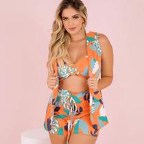 Conjunto Estampado 3 peças Cropped + Shorts + Kimono 0430