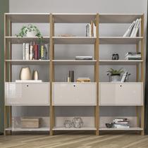 Conjunto Estantes para Livros Match 3 Portas Basculantes 9 Prateleiras Off White/Carvalho - Pnr Móveis Conjunto Estantes para Livros Match 3 Portas Basculantes 9 Prateleiras Off White/Carvalho - Pnr Móveis