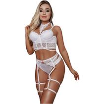 Conjunto Estilo Cropped com Bojo e Aro Rendado Calcinha Fio Dental Sensual Sexy Branco