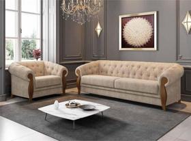 Conjunto Estofado 2 Lug. e Poltrona e Madeira Nobre Linho Bege Adhara Larbelle Conjunto Estofado 2 Lug. e Poltrona e Madeira Nobre Linho Bege Adhara Larbelle