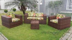 Conjunto Estofado Quadrado 1 Sofá 2 Poltronas 1 Centro em Fibra Sintética Área Externa Interna Jardim