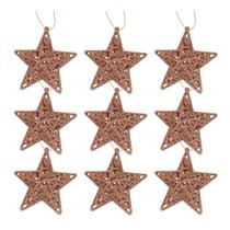 Conjunto Estrela Tridimensional Gliter Arabesco Rosê Gold 8cm Enfeite Árvore 9 Unidades - Magizi