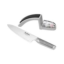 Conjunto Faca Chefe e Afiador 2 Estágios Aço Inox 20cm Global Conjunto Faca Chefe e Afiador 2 Estágios Aço Inox 20cm Global