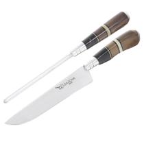 Conjunto Faca em Inox e Chaira com Cabo de Madeira e Chifre e Bainha Facas Gaúcha 30139 Conjunto Faca em Inox e Chaira com Cabo de Madeira e Chifre e Bainha Facas Gaúcha 30139