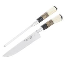 Conjunto Faca em Inox e Chaira com Cabo de Osso e Madeira e Bainha Facas Gaúcha 30133