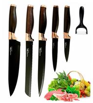 Conjunto Facas Gourmet Inox Antiaderente Chef Cozinha Profissional Cabo Madeira Nobre 6 Peças - LUATEK