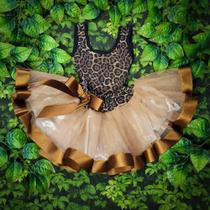 Conjunto Fantasia Body Infantil De Onça Leopardo Saia De Tule