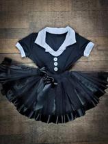 Conjunto Fantasia Body Saia Tule Temático Vandinha Wandinha Addams Infantil