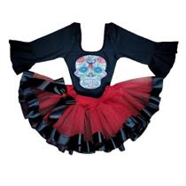 Conjunto Fantasia Infantil Body e Saia Halloween Caveira Mexicana (Tam 1 ao 10) + Chapéu COD.000181