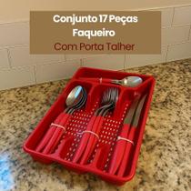 Conjunto Faqueiro 17 Peças Com Porta Talheres Vermelha