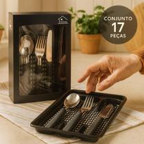 Conjunto Faqueiro 17 Peças Preto com Porta Talheres Inox Colheres Garfos Facas Sobremesa Elegante Prático Durável Cozinha Conjunto Faqueiro 17 Peças Preto com Porta Talheres Inox Colheres Garfos Facas Sobremesa Elegante Prático Durável Cozinha