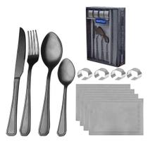 Conjunto Faqueiro 24 Peças Lugar Americano Porta Guardanapo Victoria Black Fratelli Inox