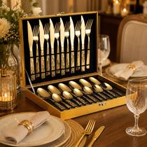 Conjunto Faqueiros Em Inox Dourado Com Maleta Kit 24 Peças Conjunto Faqueiros Em Inox Dourado Com Maleta Kit 24 Peças