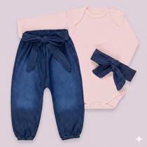 Conjunto Fashion para Bebê Body e Calça Jeans com Faixinha