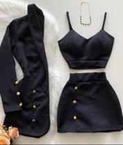 Conjunto Feminino 3 Peças Blazer Short Saia Cropped Preto Conjunto Feminino 3 Peças Blazer Short Saia Cropped Preto