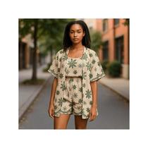 Conjunto Feminino 3 Peças Floral Verde Kimono Cropped e Shorts Cintura Alta Verão Moda Casual Elegan Conjunto Feminino 3 Peças Floral Verde Kimono Cropped e Shorts Cintura Alta Verão Moda Casual Elegan