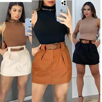 Conjunto Feminino 3 Peças Short Saia Cinto Cropped Modelagem Alfaiataria