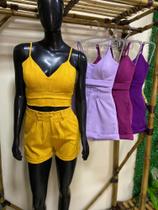 Conjunto feminino adulto de Cropped e bermuda curta no tecido linho tamanho M