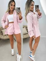 Conjunto Feminino Alfaiataria Camisa Manga Longa Simples Short Reto Casual elegante Bolso Botão Outo