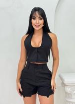 Conjunto feminino alfaiataria colete botão forrando e shorts cargo s9695