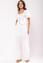 Conjunto Feminino Alfaiataria Cropped Bufante e Wide Leg Branco Salvatore Fashion