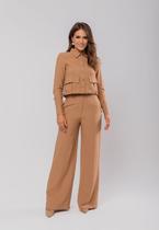 Conjunto Feminino Alfaiataria Cropped e Wide Leg Bege Salvatore Fashion