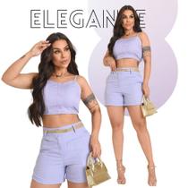 Conjunto Feminino Alfaiataria Cropped Shorts Cinto Botões Lilás GG Veste 44