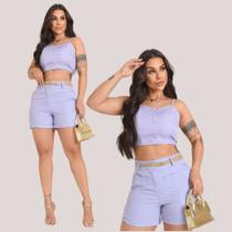 Conjunto Feminino Alfaiataria Cropped Shorts Cinto Botões Lilás GG Veste 44