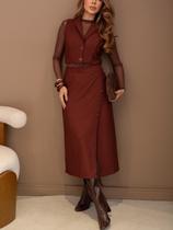 Conjunto Feminino Alfaiataria de 2 Peças Saia Transpassada e Colete Blazer com botões de aro dourado Conjunto Feminino Alfaiataria de 2 Peças Saia Transpassada e Colete Blazer com botões de aro dourado