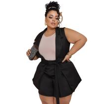 Conjunto Feminino Alfaiataria Preto com Shorts e Colete Longo Elegante Moda Executiva e Casual Chic Plus Size