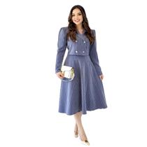 Conjunto Feminino Alfaiataria Risca de Giz Blazer Com Botões + Saia Midi