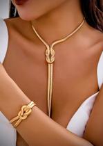 Conjunto Feminino Banhado a Ouro 18K Colar Gravatinha e Pulseira Nó de Amor com Design Moderno e Elegante