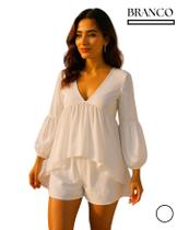 Conjunto Feminino Bata Bufante Balone Blusinha Manga Longa Com Shortinho Curto Soltinho Leve