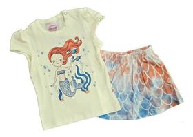 Conjunto Feminino Bebê Blusinha Sereia Com Short Saia P Ao G