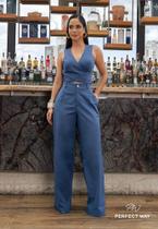 Conjunto feminino blusa + calça alfaiataria azul tam m