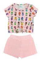 Conjunto feminino blusa com shorts saia rosa abacaxi