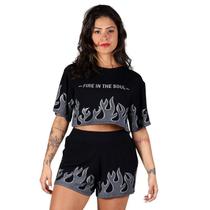 Conjunto Feminino Blusa Cropped Short Curto Estampa Chamas