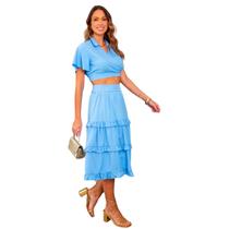 Conjunto feminino blusa e saia midi com babados em crepe com forro rom ntico elegante