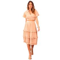Conjunto feminino blusa e saia midi com babados em crepe com forro rom ntico elegante