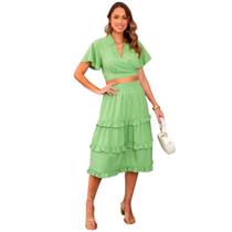 Conjunto feminino blusa e saia midi com babados em crepe com forro rom ntico elegante