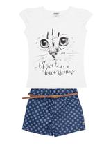 Conjunto Feminino Blusa Gato C/ Short Em Sarja C/cinto Lindo Nº 4 Ao 10