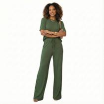 Conjunto Feminino Blusa Manga Curta e Calça Pantalona Moletinho Liso
