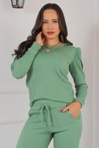 Conjunto feminino blusa manga princesa e calça com bolsos