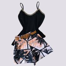 Conjunto Feminino Blusa perolas Short Estampado cinto 0235 Conjunto Feminino Blusa perolas Short Estampado cinto 0235